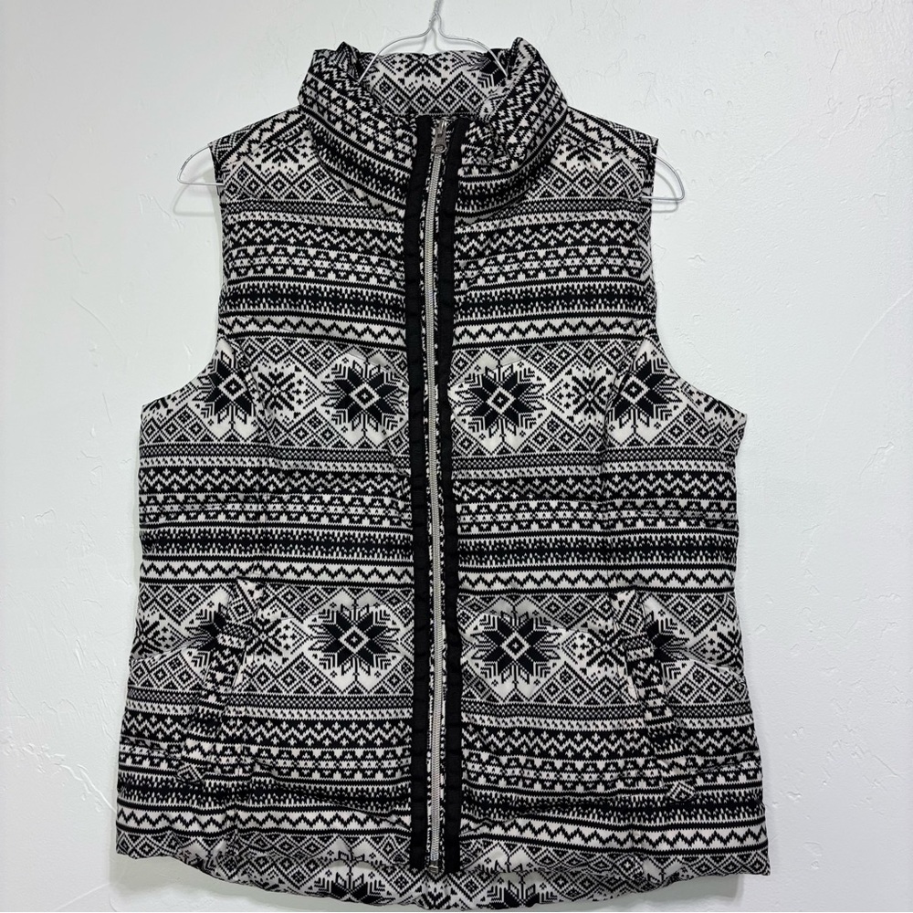 Lands' End Black White Puffer Vest Snowflake Geometric Women's Small 6-8 Down